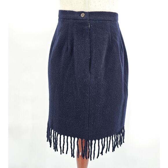 Vintage Theo Miles Women's 10 Navy Blue Wool and Cashmere Fringe Short Skirt - Picture 2 of 7